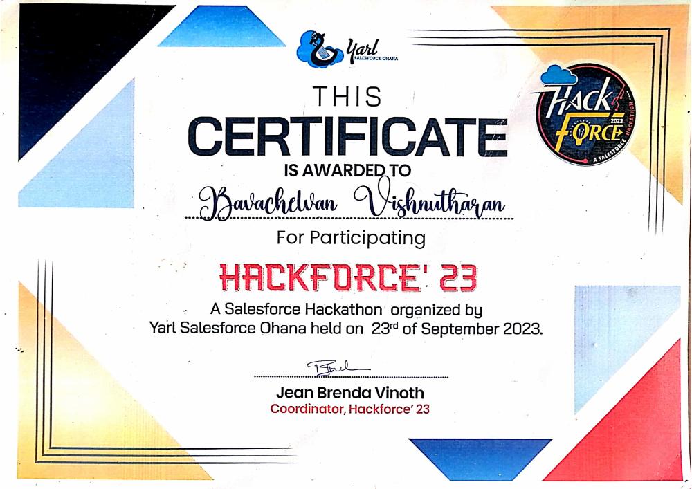 HACKFORCE '23 certificate awarded to Vishnutharan Bavachelvan