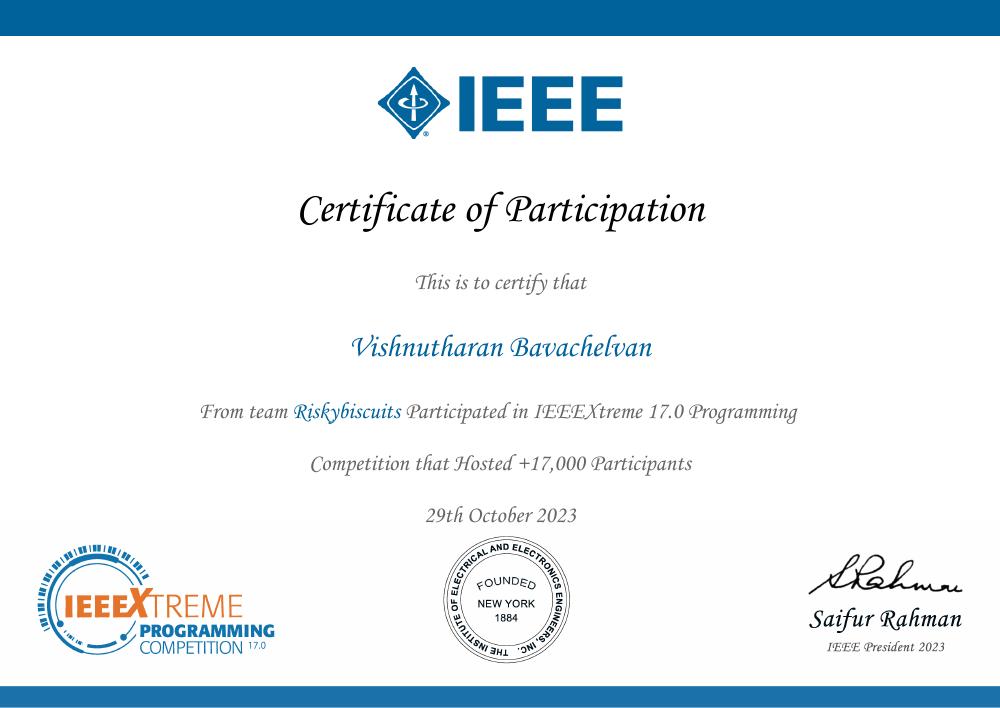 IEEEXtreme 17.0 certificate awarded to Vishnutharan Bavachelvan