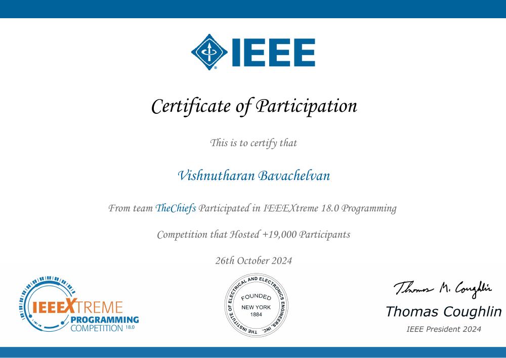 IEEEXtreme 18.0 certificate awarded to Vishnutharan Bavachelvan
